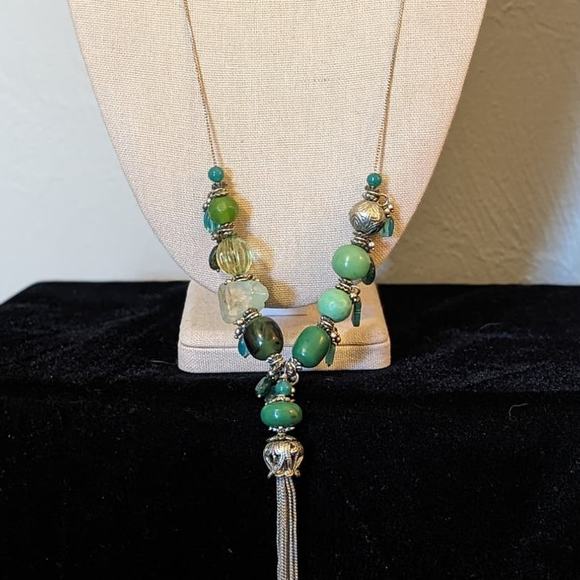 Green Multi-Shape and Color Beaded Silver Tone Tassel Necklace - Picture 2 of 11